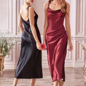Slim Fit Burgundy Satin Midi Dress